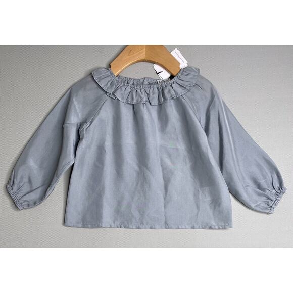 NWT Belle Enfant Blue-Gray Ruffle Collar Silk Blouse Baby Girls 6 9 12 Mo - Picture 1 of 3